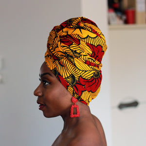 Foulard africain / Turban wax - Doré / Rouge fleurs de mariage (Vlisco)