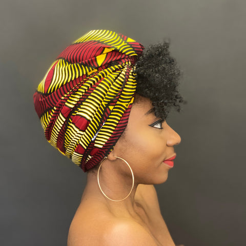Foulard africain / Turban wax - Rouge foncé / jaune Swirl cone
