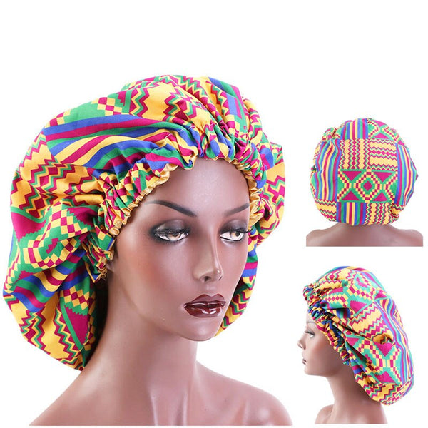 African Violet Vert Bonnet Kente imprimé pour les cheveux ( Doré Satin lined  reversable Night sleep cap )
