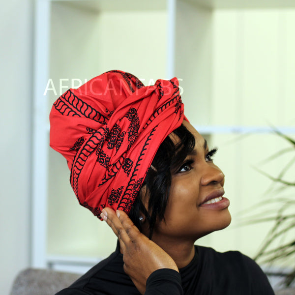 Foulard africain / Turban wax - Rouge / noir big adinkra