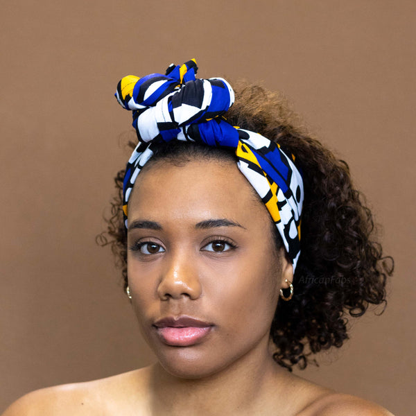 Foulard africain / Turban wax - Bleu Jaune Samakaka