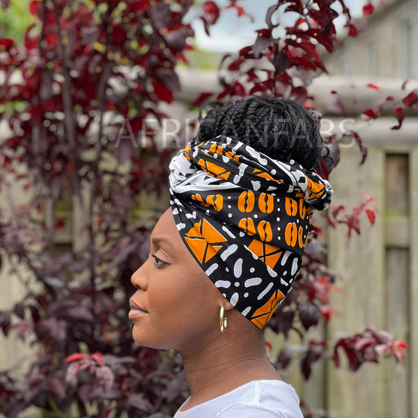 Foulard africain / Turban wax - Noir / Orange
