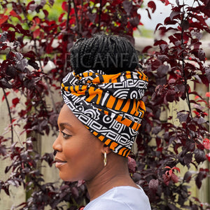 Foulard africain / Turban wax - Noir / Orange