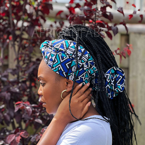 Foulard africain / Turban wax - Bleu / blanc