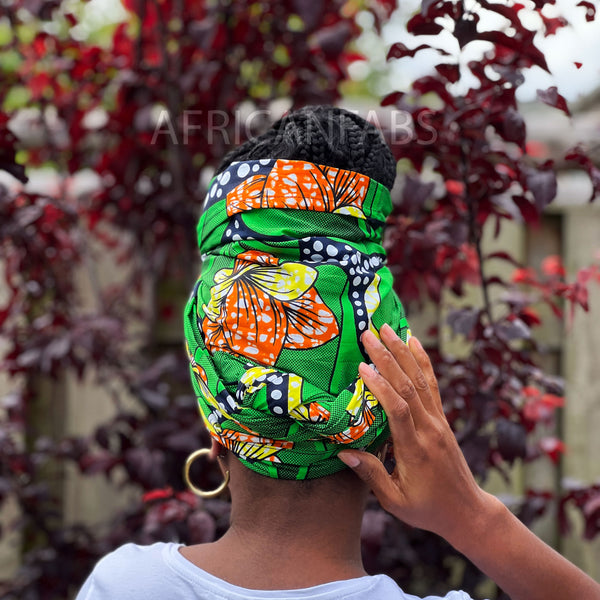 Foulard africain / Turban wax - Fleurs vertes