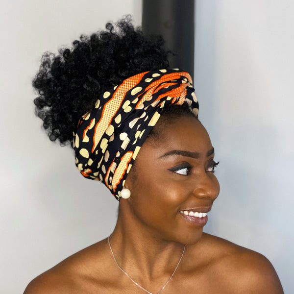 Foulard africain / Turban wax - Noir / Orange metallic bogolan