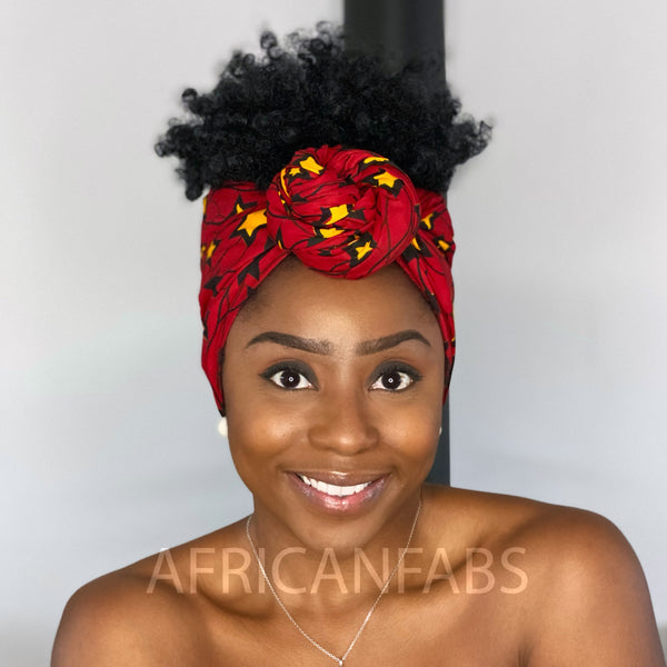 Foulard africain / Turban wax - Rouge / Jaune star (Vlisco)
