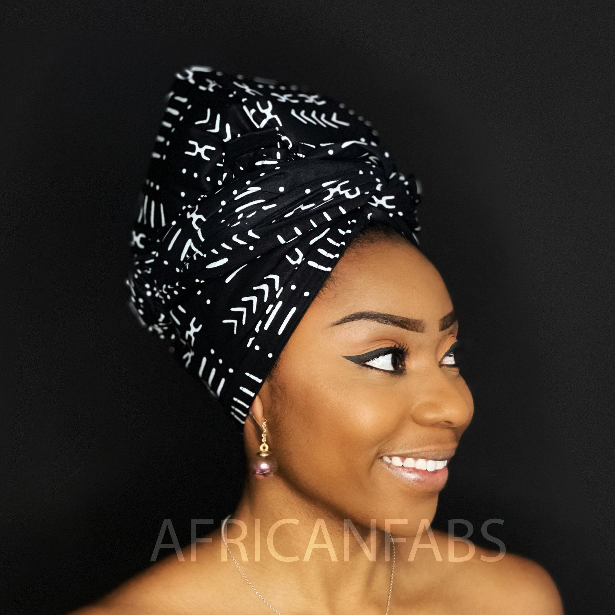 Foulard africain Noir / blanc bogolan / mud cloth - turban wax