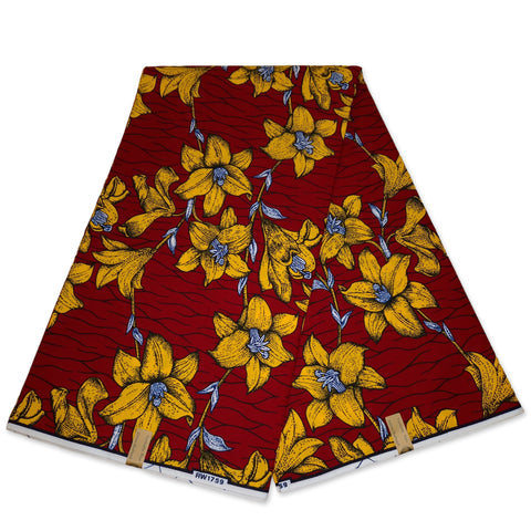 Tissu africain / tissu wax - Rouge / jaune flowers