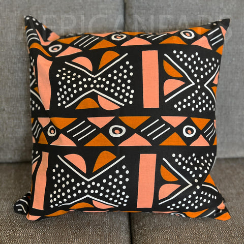 Housse d'oreiller africaine | Orange / Saumon Bogolan - Oreiller décoratif 45x45cm - 100% coton