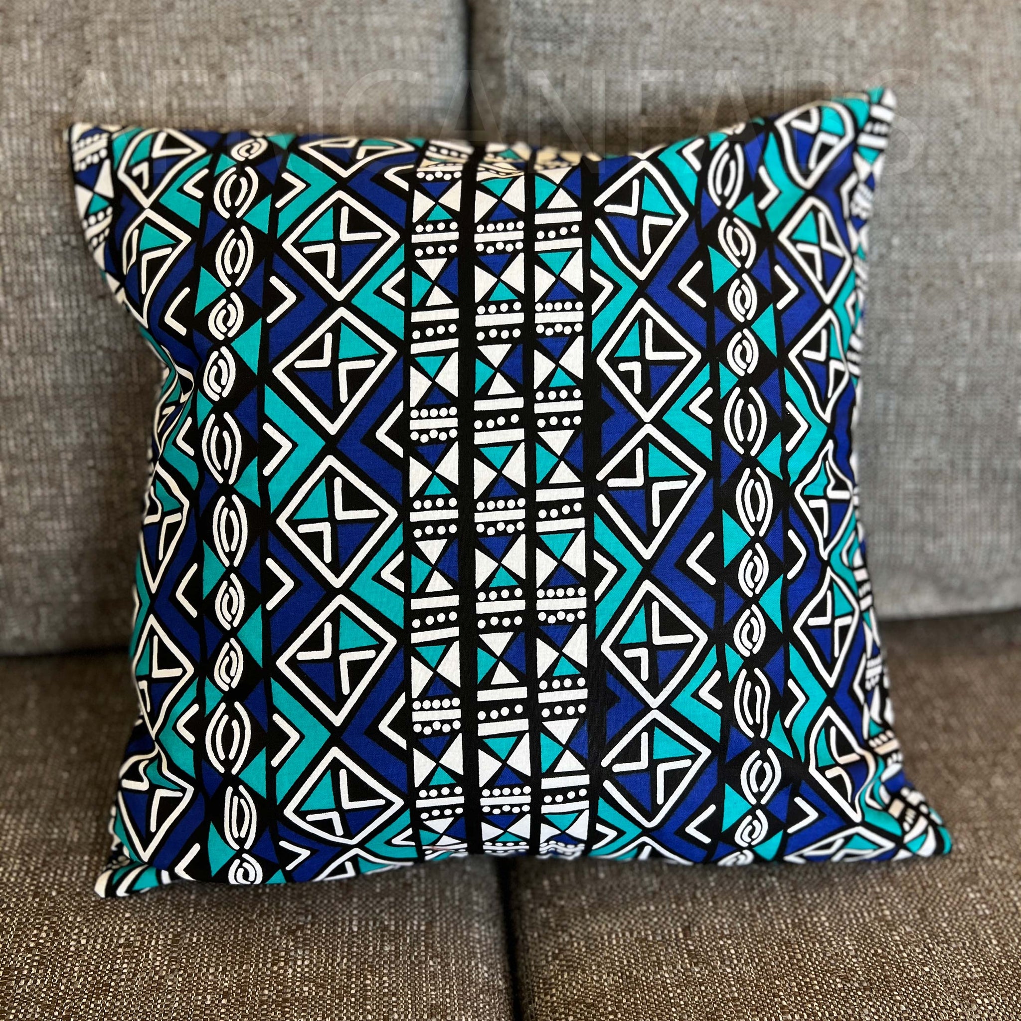 Housse d'oreiller africaine | Turquoise / Bleu Bogolan - Oreiller décoratif 45x45cm - 100% coton