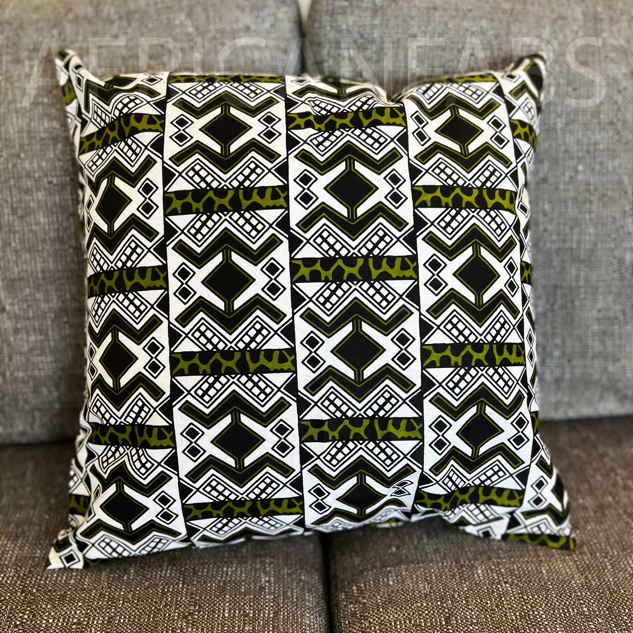 Housse d'oreiller africaine | Blanc / Vert Bogolan - Oreiller décoratif 45x45cm - 100% coton