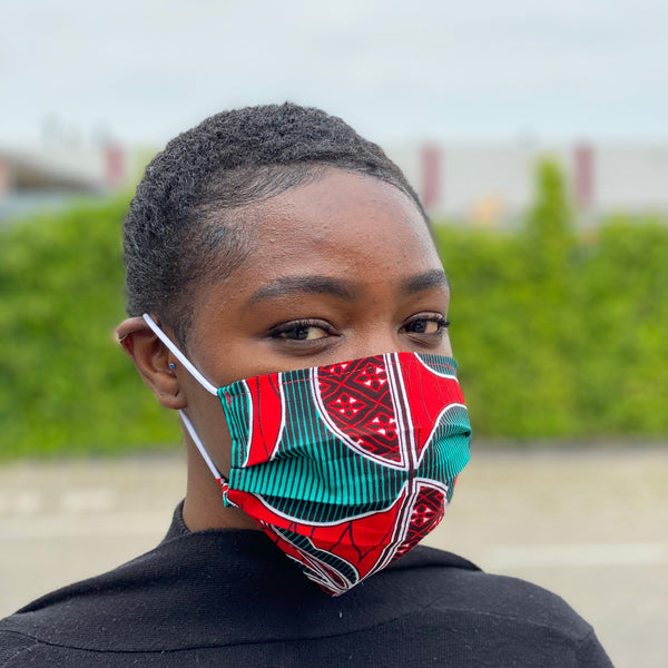 Imprimé africain Masque buccal / Masque facial en 100% coton - Rouge Vert swirl fan