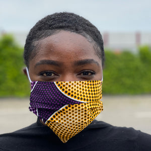 Imprimé africain Masque buccal / Masque facial en 100% coton - Violet Jaune circles
