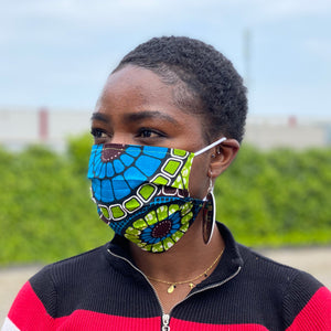 Imprimé africain Masque buccal / Masque facial en 100% coton - Bleu Vert circles