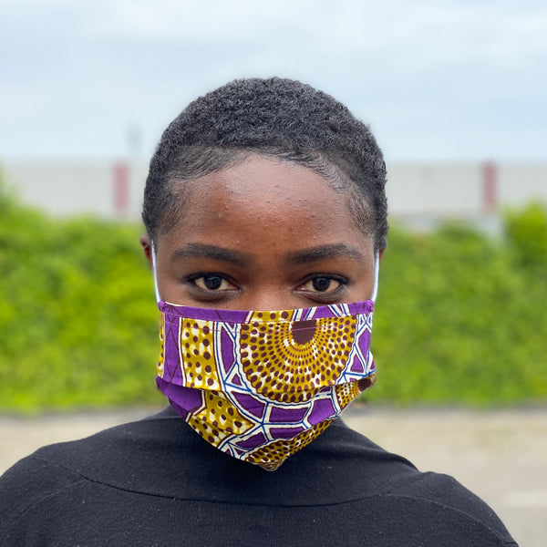 Imprimé africain Masque buccal / Masque facial en 100% coton - Violet Moutarde dots