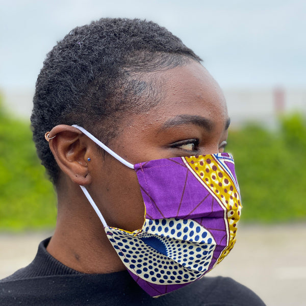 Imprimé africain Masque buccal / Masque facial en 100% coton - Violet Moutarde dots