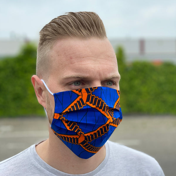 Imprimé africain Masque buccal / Masque facial en 100% coton - Bleu orange stairs