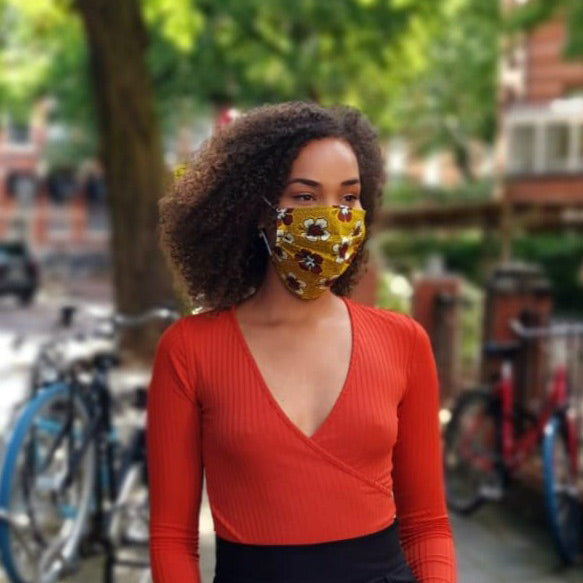 Imprimé africain Masque buccal / Masque facial en 100% coton - Moutarde maroon fleurs