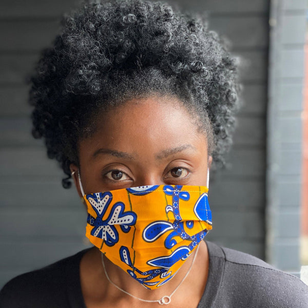 Imprimé africain Masque buccal / Masque facial en 100% coton - Jaune Bleu leaves