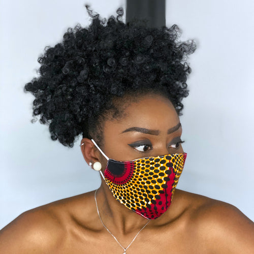 Imprimé africain Masque buccal / Masque facial en 100% coton - Unisexe - Rouge / Jaune / Noir dots /