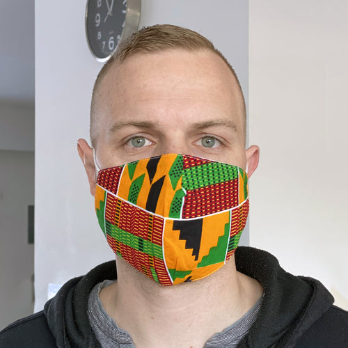 Imprimé africain Masque buccal / Masque facial en 100% coton - Unisexe - Orange / Vert Kente