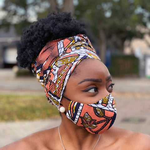 Turban africain + masque facial (Premium set) - Pêche / moutarde plaid