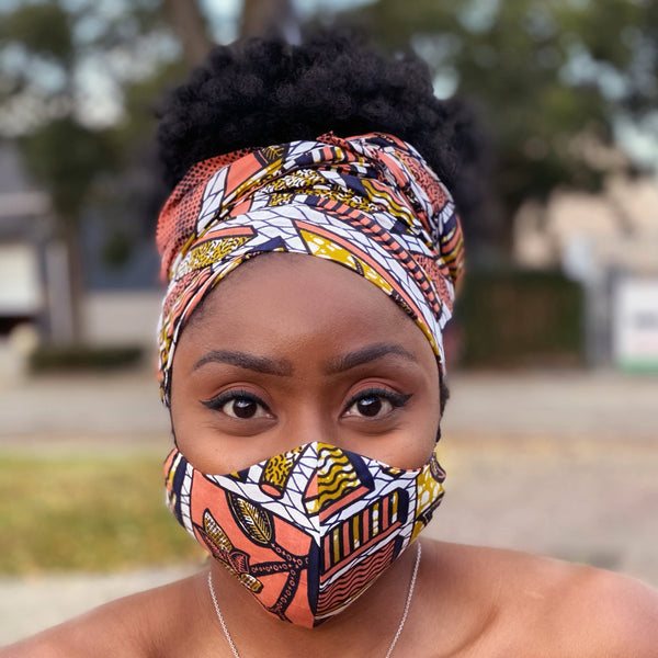 Turban africain + masque facial (Premium set) - Pêche / moutarde plaid