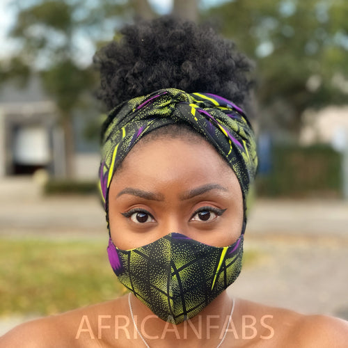 Turban africain + masque facial (Premium set Vlisco) - Vert Violet butterflies