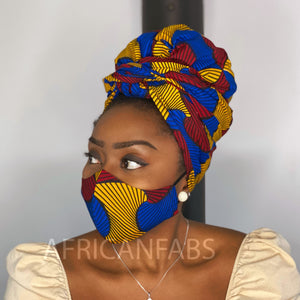 Turban africain + masque facial (Premium set Vlisco) - Rouge Bleu santana