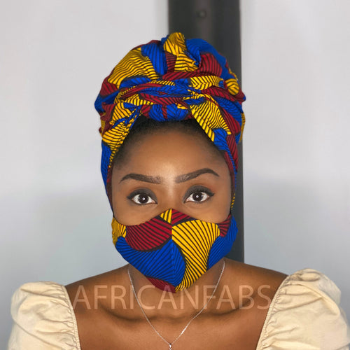 Turban africain + masque facial (Premium set Vlisco) - Rouge Bleu santana