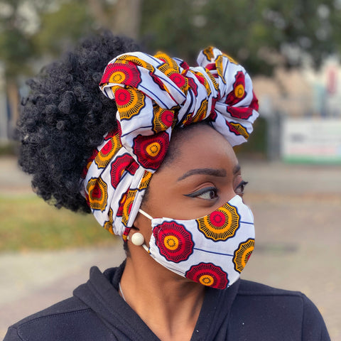 Turban africain + masque facial (Premium set) - Blanc Rouge disks