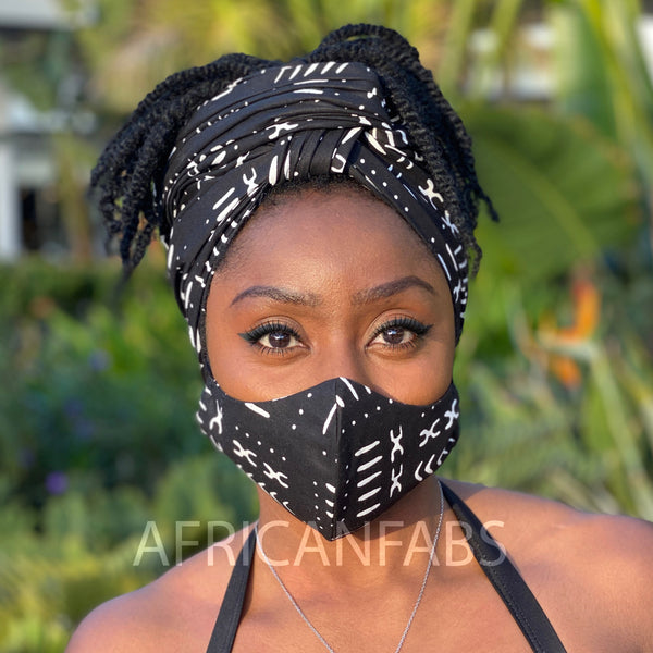 Turban africain + masque facial (Premium set) - Noir / Blanc bogolan