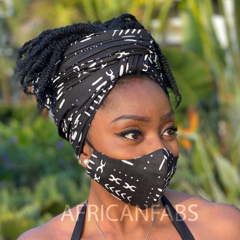 Turban africain + masque facial (Premium set) - Noir / Blanc bogolan