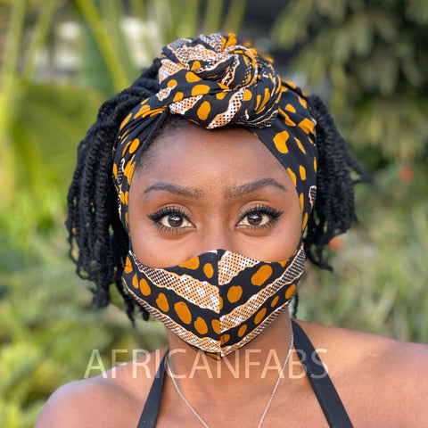 Turban africain + masque facial (Premium set) - Noir / brun bogolan