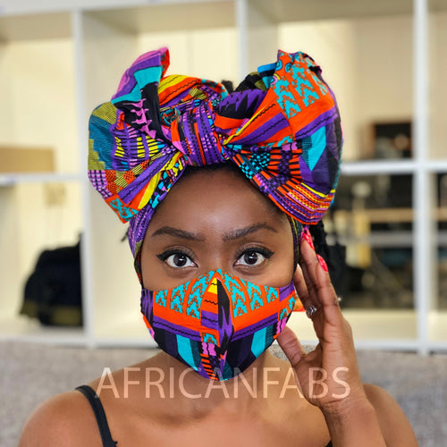 Turban africain + masque facial (Premium set) - Violet Kente