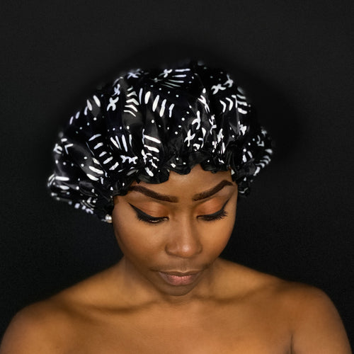 Grand Bonnet de douche extra large pour cheveux longs / boucles / afro - imprimé africain Noir bogolan