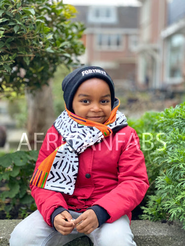 Imprimé africain Echarpes d'hiver pour enfants Unisex - Blanc / Noir bogolan Orange Kente