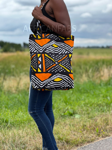 Sac cabas imprimé africain - Orange / jaune bogolan - Sacs fourre-tout / Sac en Toile en coton réutilisable