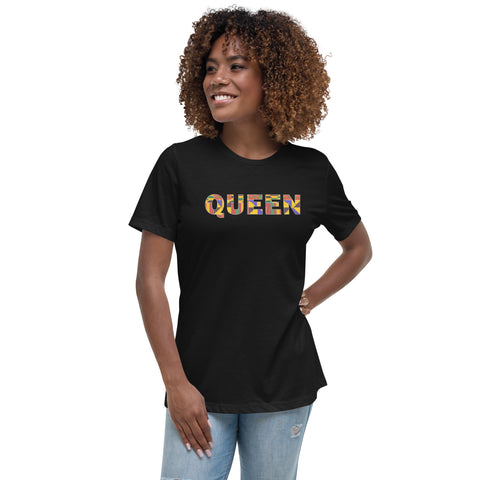 T-shirt Femme QUEEN en imprimé kente D009 (Chemise en Noir ou Blanc)