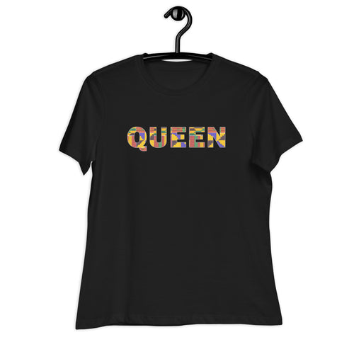 T-shirt Femme QUEEN en imprimé kente D009 (Chemise en Noir ou Blanc)