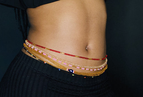 3 in 1 Waist Beads / Chaine de taille africaine - IYORE- Bleu / Doré (élastique)